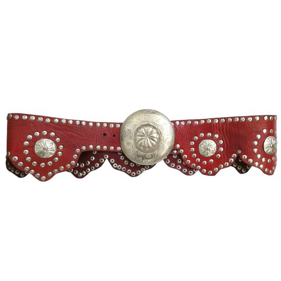Studded wide leather Concha belt M L scallop edge main image 4